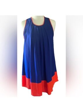 Umgee Blue Orange Pleated Swing Tank Boho Dress Size M